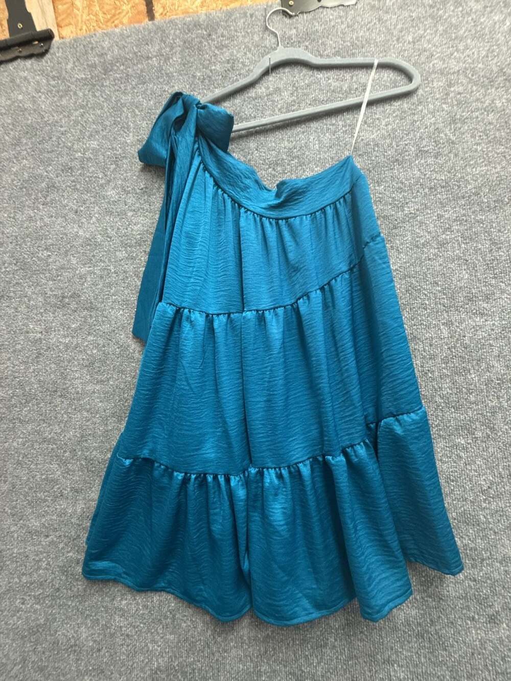 Entro One Shoulder Bow Accent Tiered Mini Dress Teal Blue